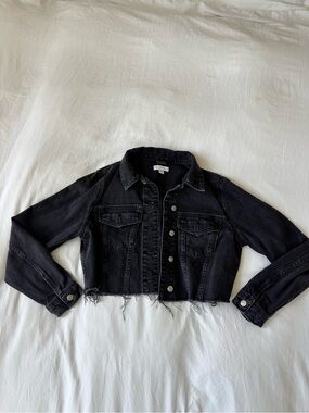 Topshop Cropped Raw Hem Denim Jacket Black US 8